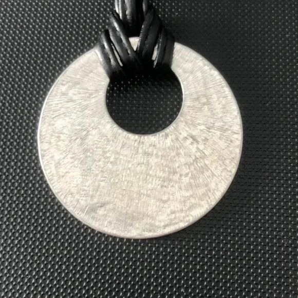 Carol D Studio Zebra Print round cutout disk necklace,black leather,silver tone - Picture 5 of 5